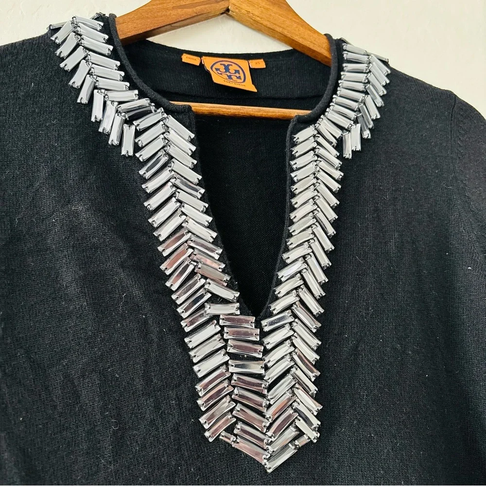 Tory Burch Cashmere Merino Wool Black Long Sleeve Top‎ with Silver Accents
